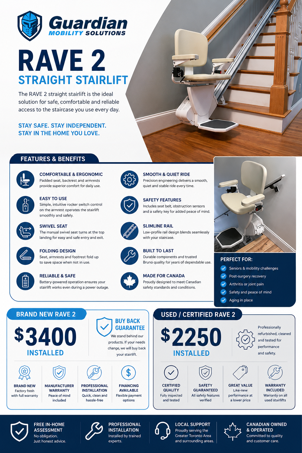 Rave 2 Straight Stairlift - Features, Benefits, and Pricing - New from $3,400 installed, Used from $2,250 installed